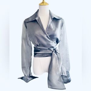 CHETTA B EVENING Shimmery Silver Taffeta Wrap Blouse w Bow Sash Waist